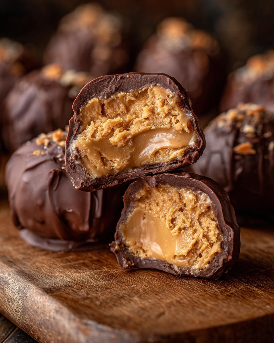 Close-up of chocolate-covered peanut butter balls, one cut in half showing the creamy peanut butter filling.