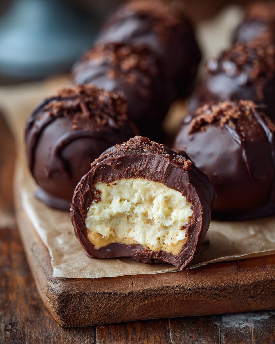 Close-up of a chocolate-covered peanut butter balls cut in half, showing the creamy filling.