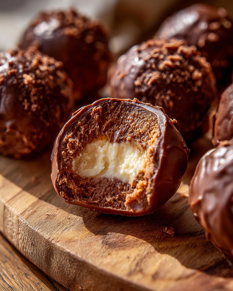 Close-up of a chocolate-coated peanut butter balls, cut in half revealing a creamy white center.