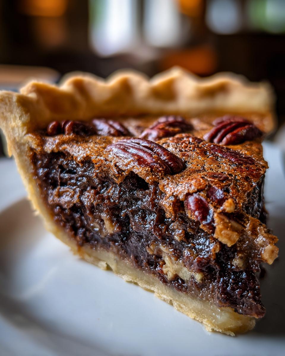 Close-up of a thick slice of chocolate pecan pie showing the dark, gooey filling and whole pecans on top.