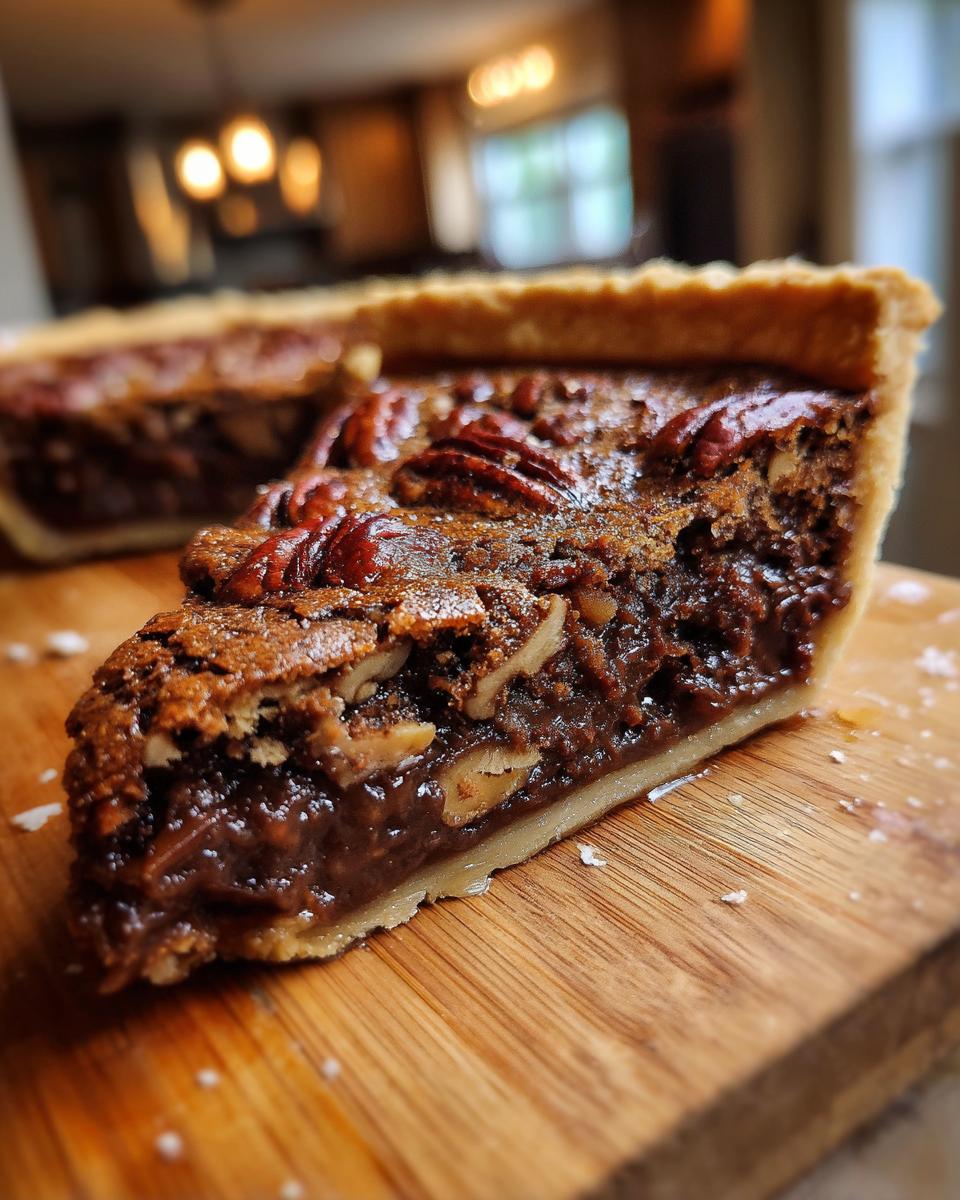 Close-up of a rich slice of chocolate pecan pie showing the gooey filling and whole pecans on a wooden board.