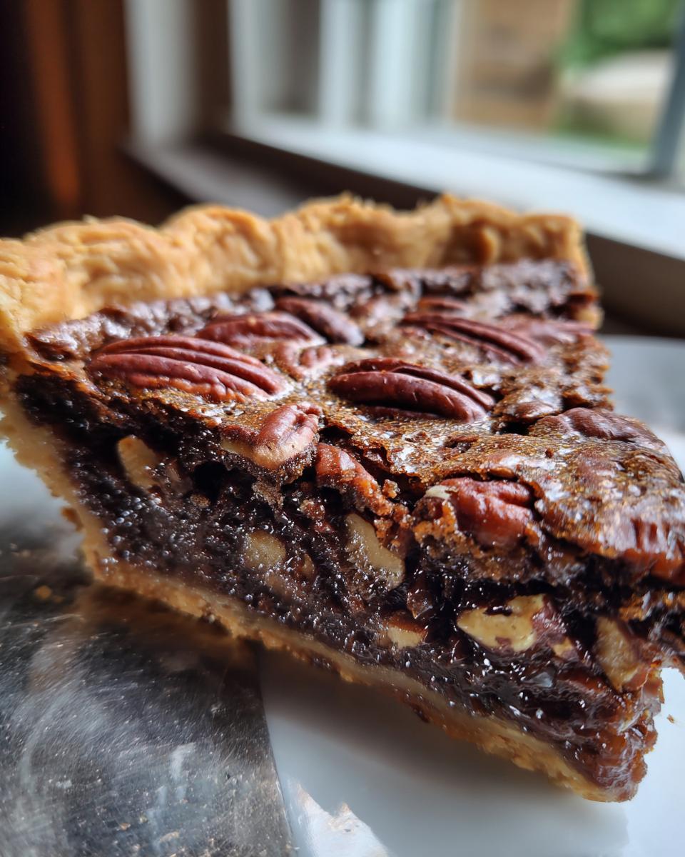 A close-up, cross-section view of a decadent slice of chocolate pecan pie showing the flaky crust and gooey filling.