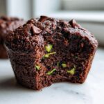 Close-up of a rich, dark chocolate zucchini muffin with visible green zucchini shreds and chocolate chips, featuring a bite taken out.