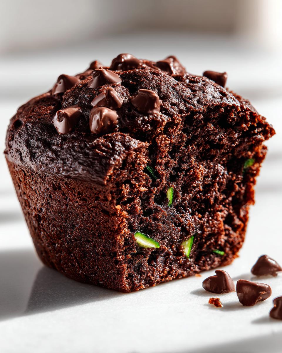 Close-up of a rich, dark chocolate zucchini muffin with visible green zucchini pieces and chocolate chips on top and inside.