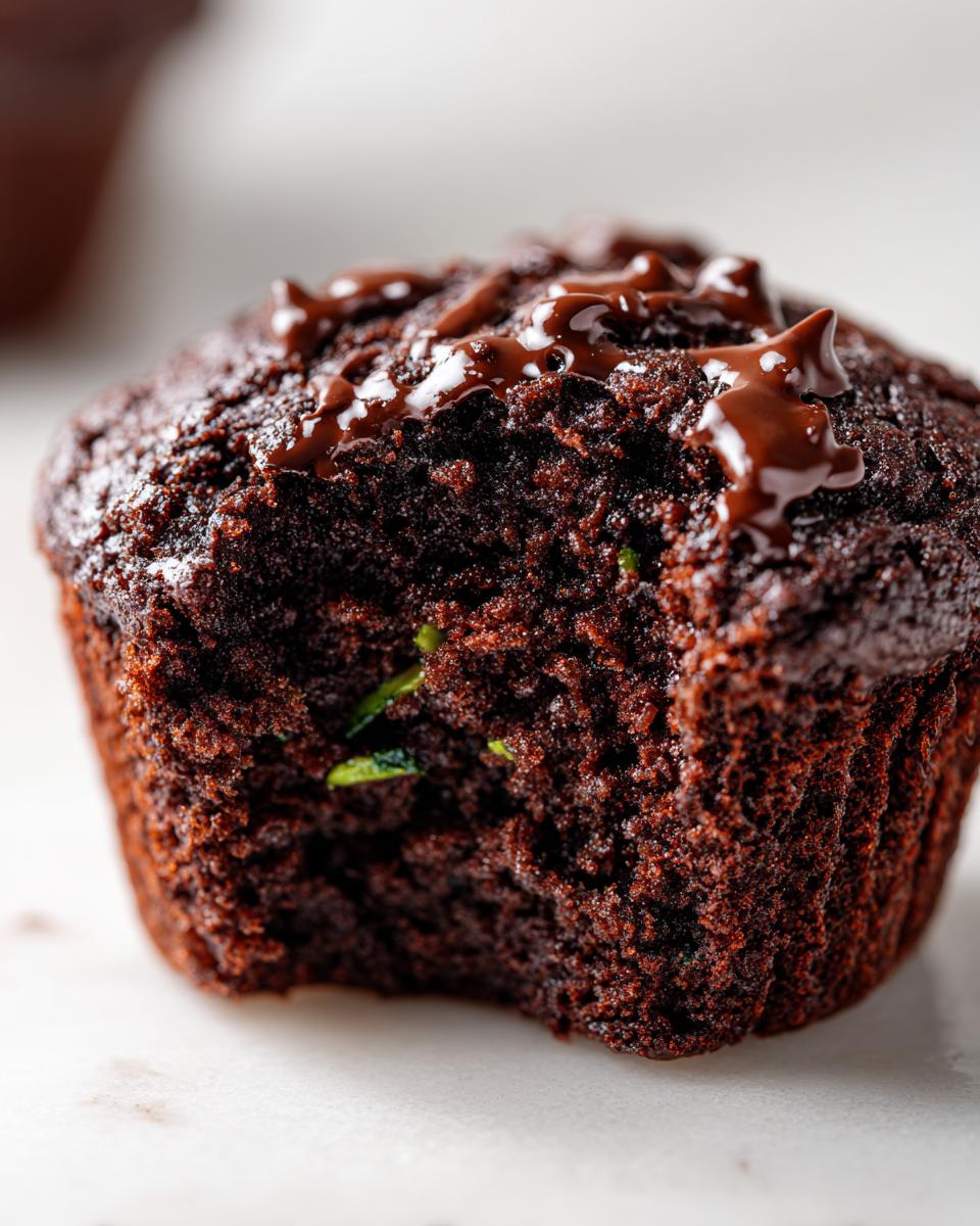 A close-up of a rich, dark chocolate zucchini muffins with a bite taken out, showing green zucchini shreds and a chocolate drizzle.