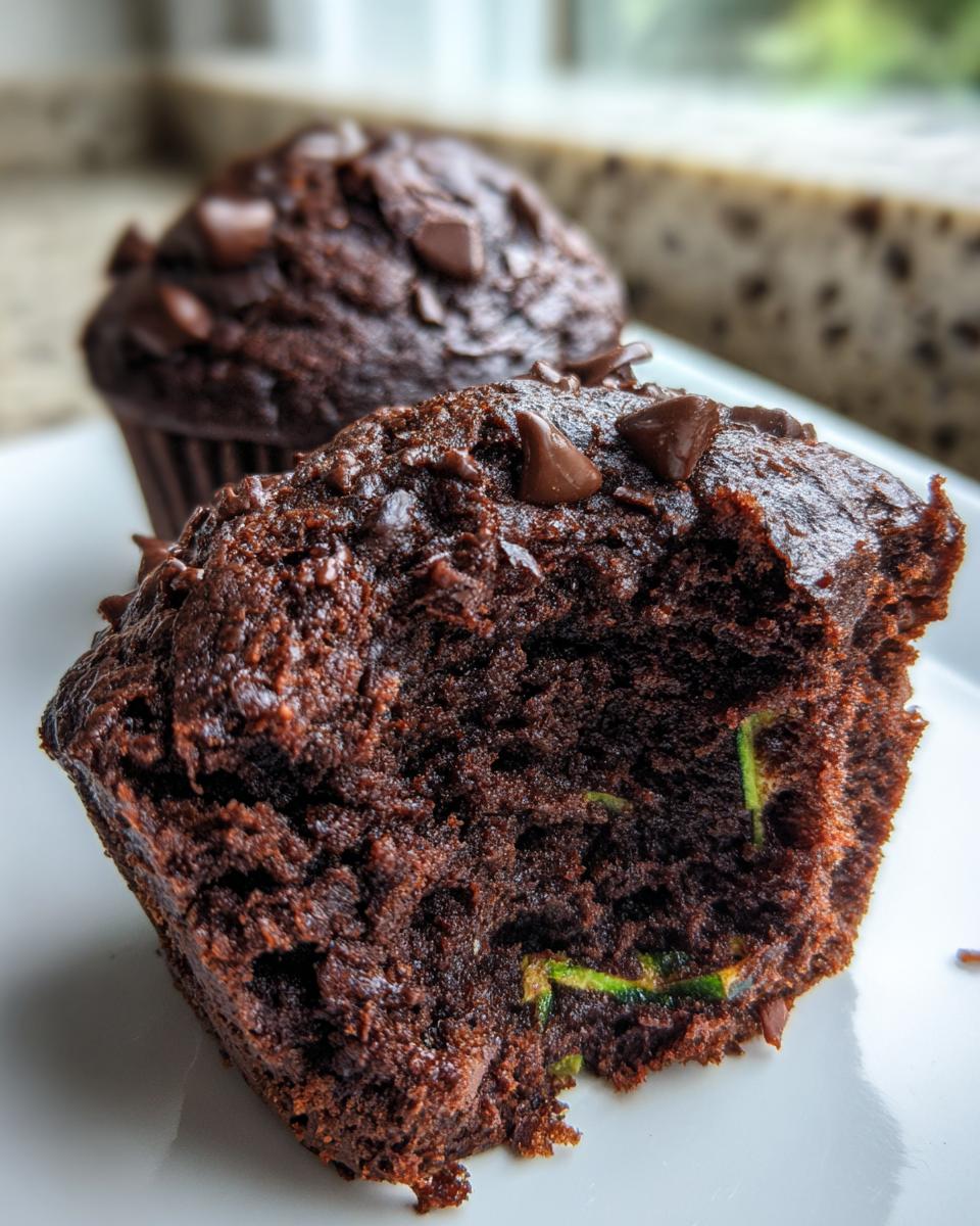Close-up of a rich chocolate zucchini muffins, showing the moist interior texture and green zucchini shreds.