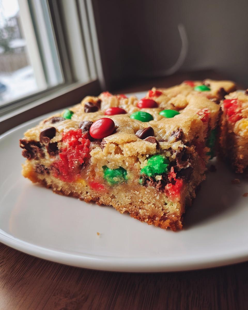 Close-up of a thick slice of Christmas cookie bars studded with red and green candies.