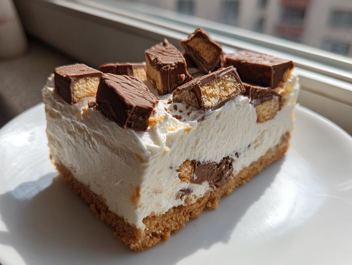 A close-up slice of creamy Christmas tree cheesecake on a white plate, topped with chocolate candy pieces.