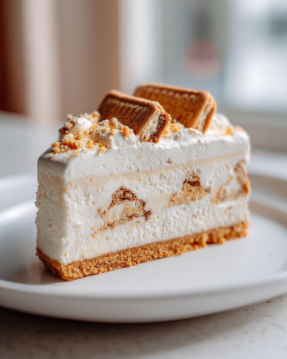 Close-up of a slice of creamy Christmas tree cheesecake with visible cookie layers and topping.