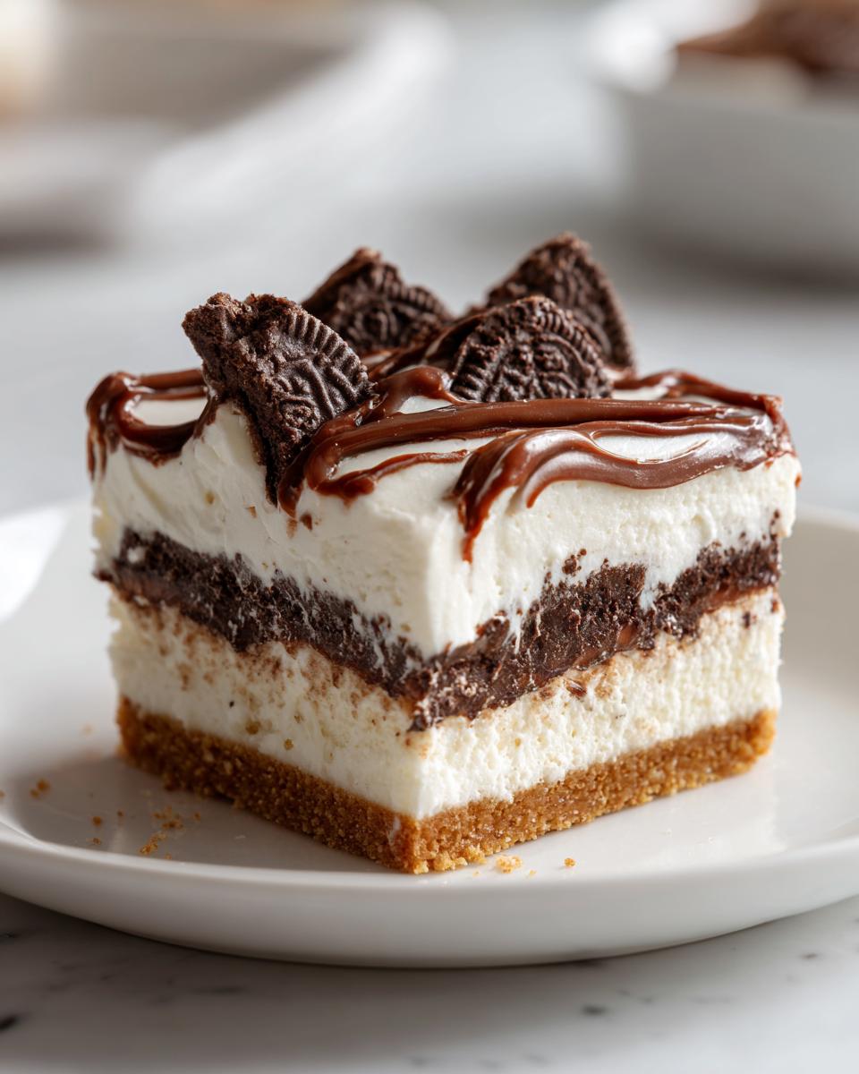 Close-up of a rich, layered slice of Christmas tree cheesecake topped with chocolate drizzle and cookies.