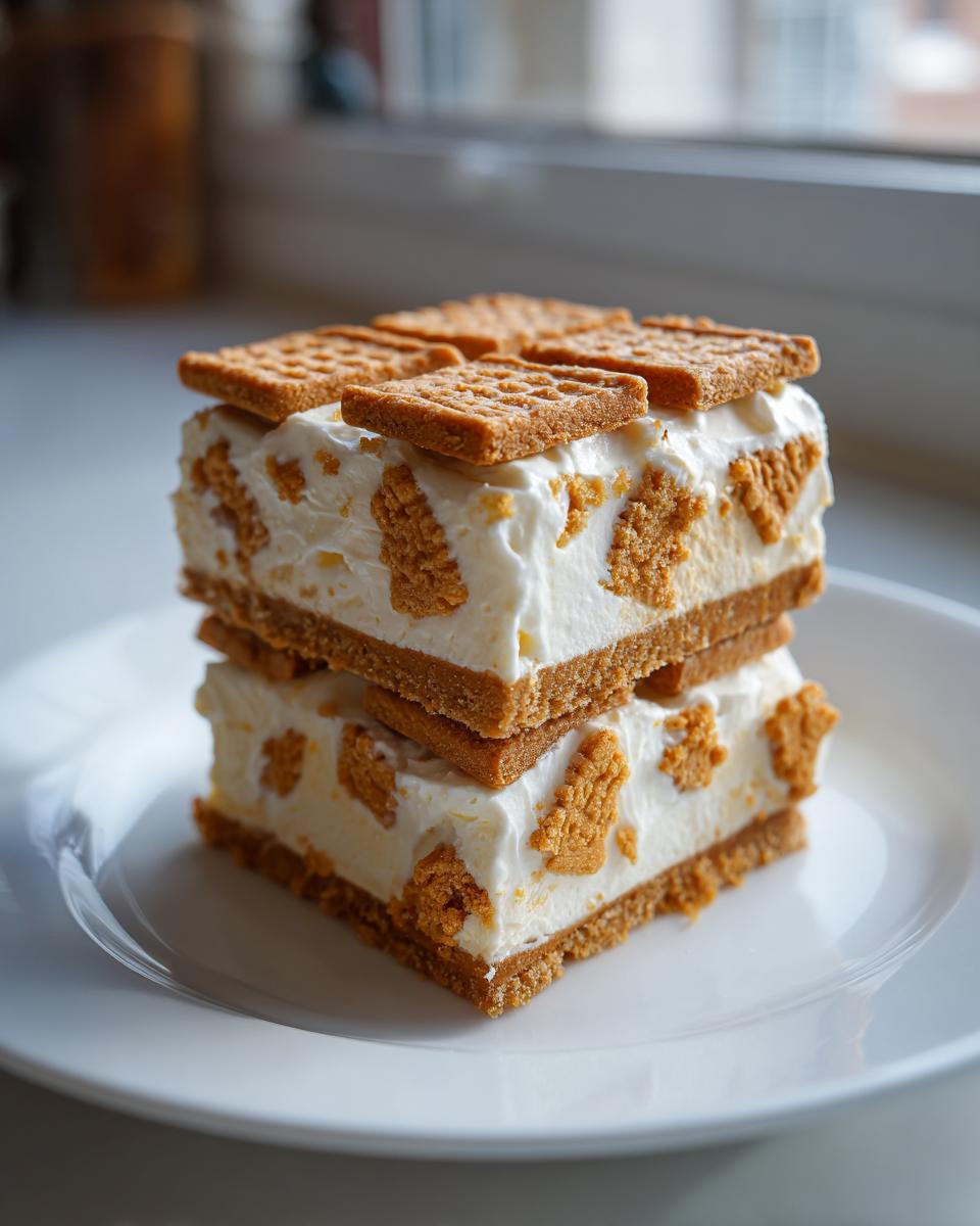 Two stacked squares of creamy Christmas tree cheesecake with cookie crust and whole cookies on top.