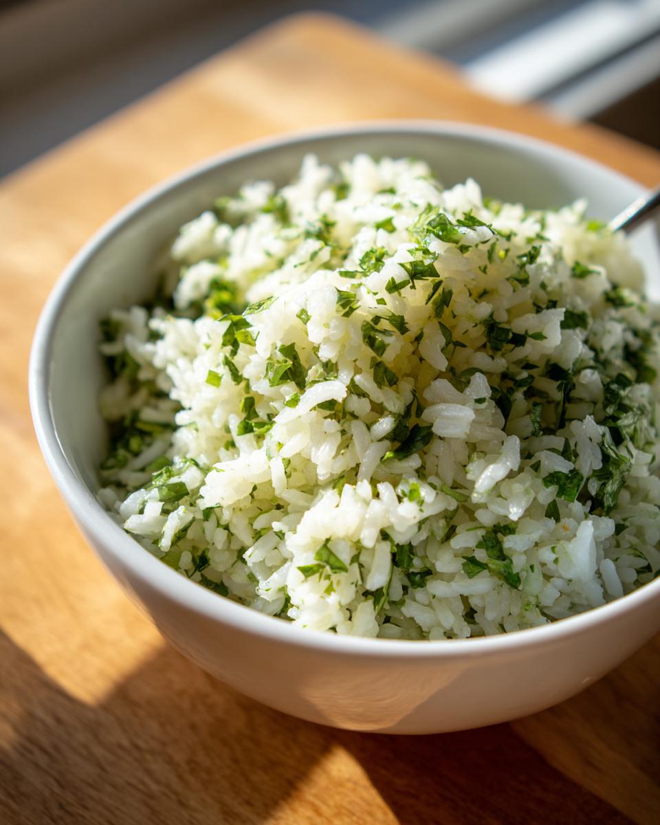 Close-up of fluffy white cilantro lime rice mixed with bright green chopped cilantro, served in a white bowl.