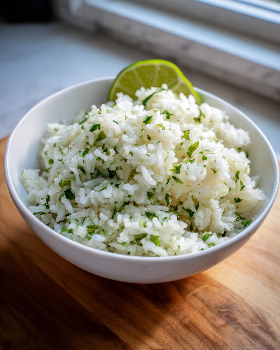 A close-up of fluffy cilantro lime rice mixed with green herbs, served in a white bowl with a lime wedge garnish.