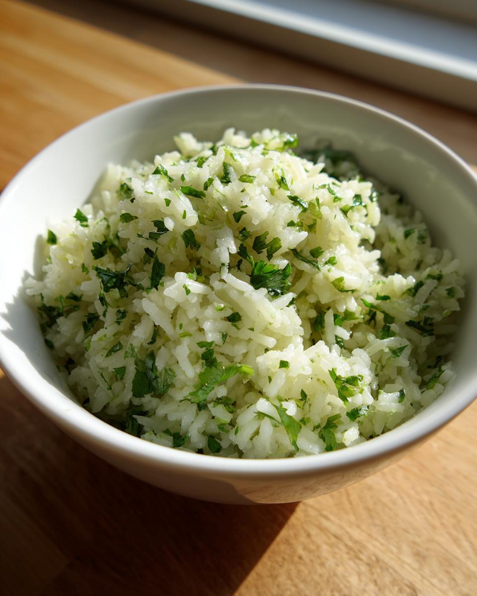 A close-up of fluffy white cilantro lime rice mixed with vibrant green chopped herbs in a white bowl.