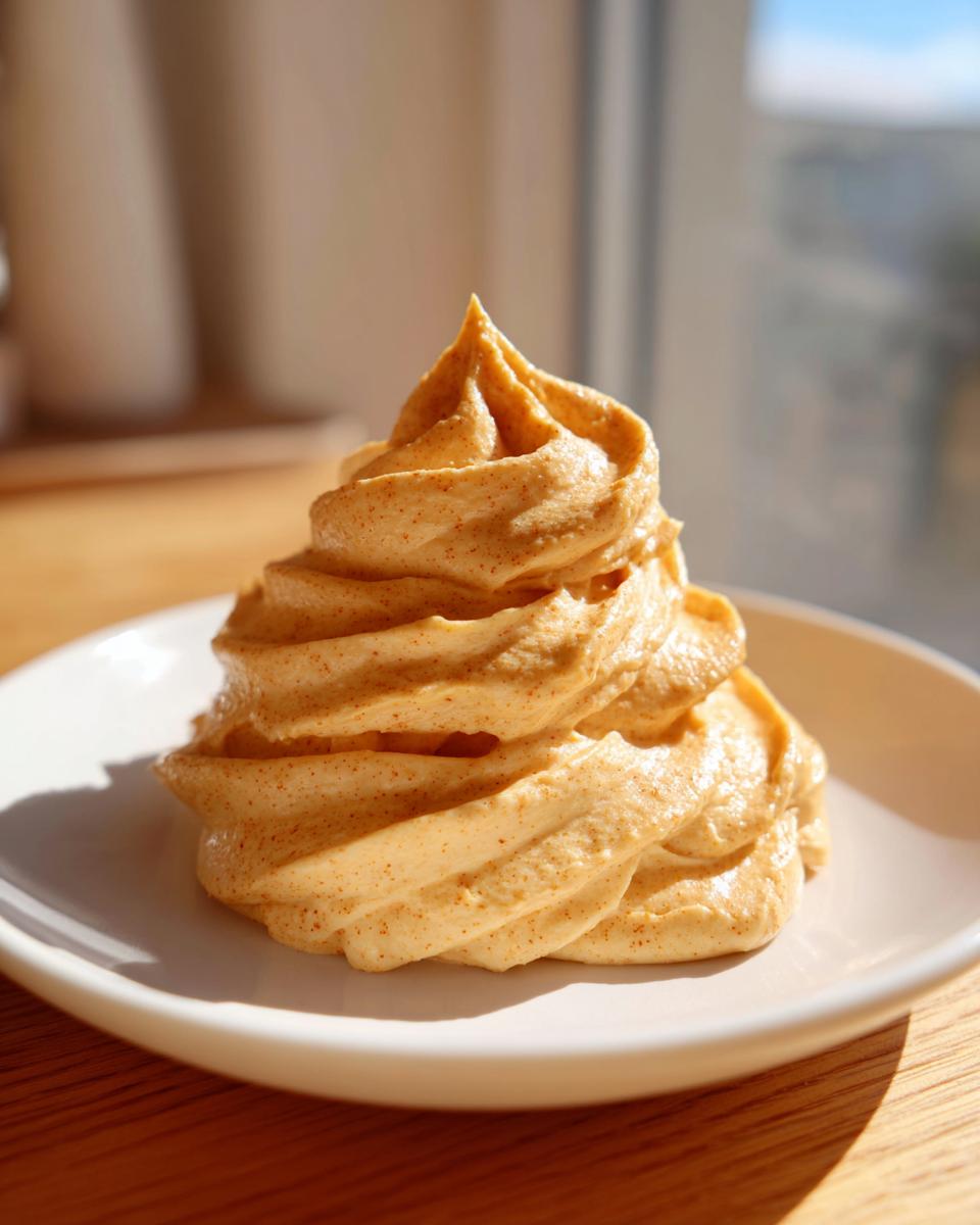 A tall, perfectly piped swirl of light brown cinnamon butter speckled with spice on a white plate.