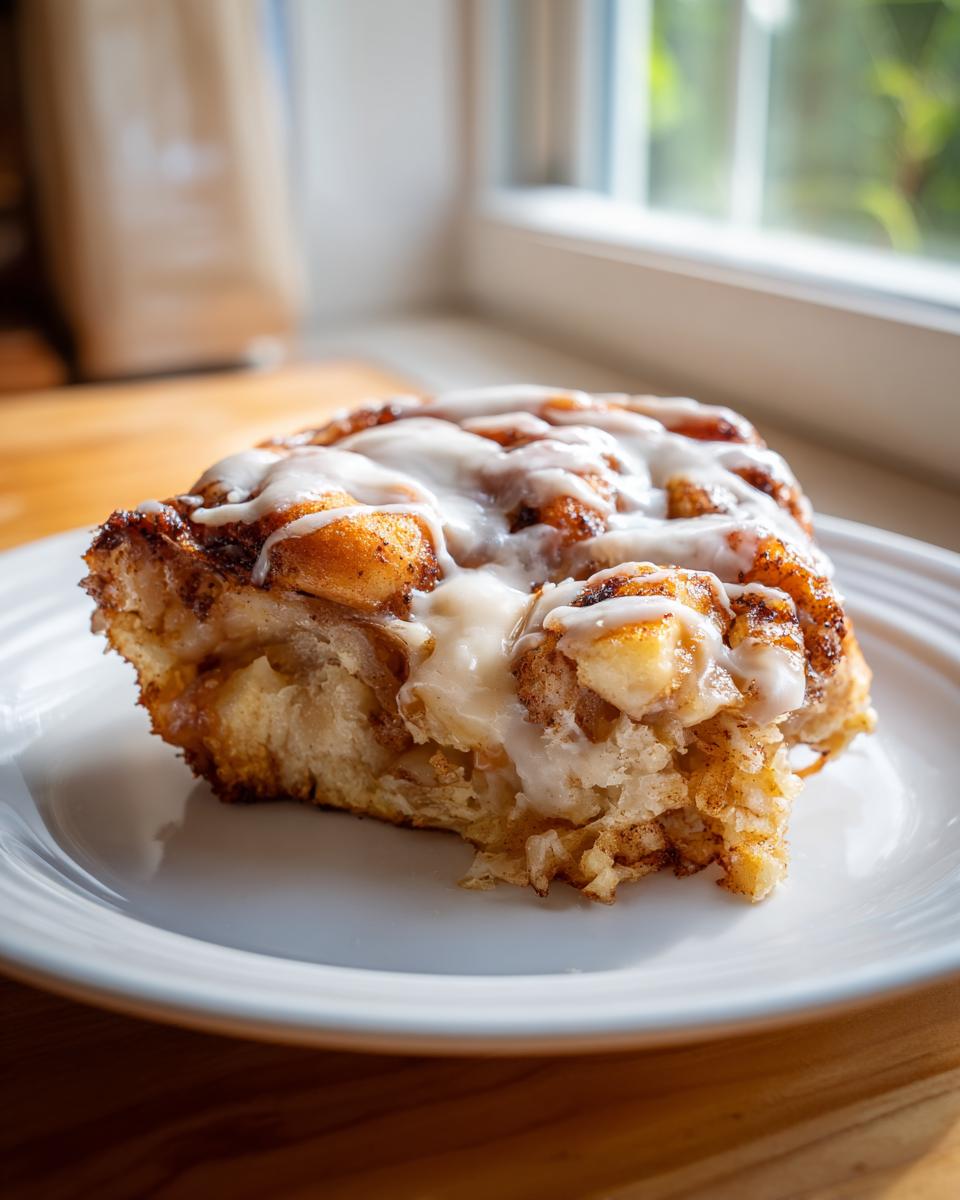 Close-up of a single serving of cinnamon roll apple pie slice covered in white icing.