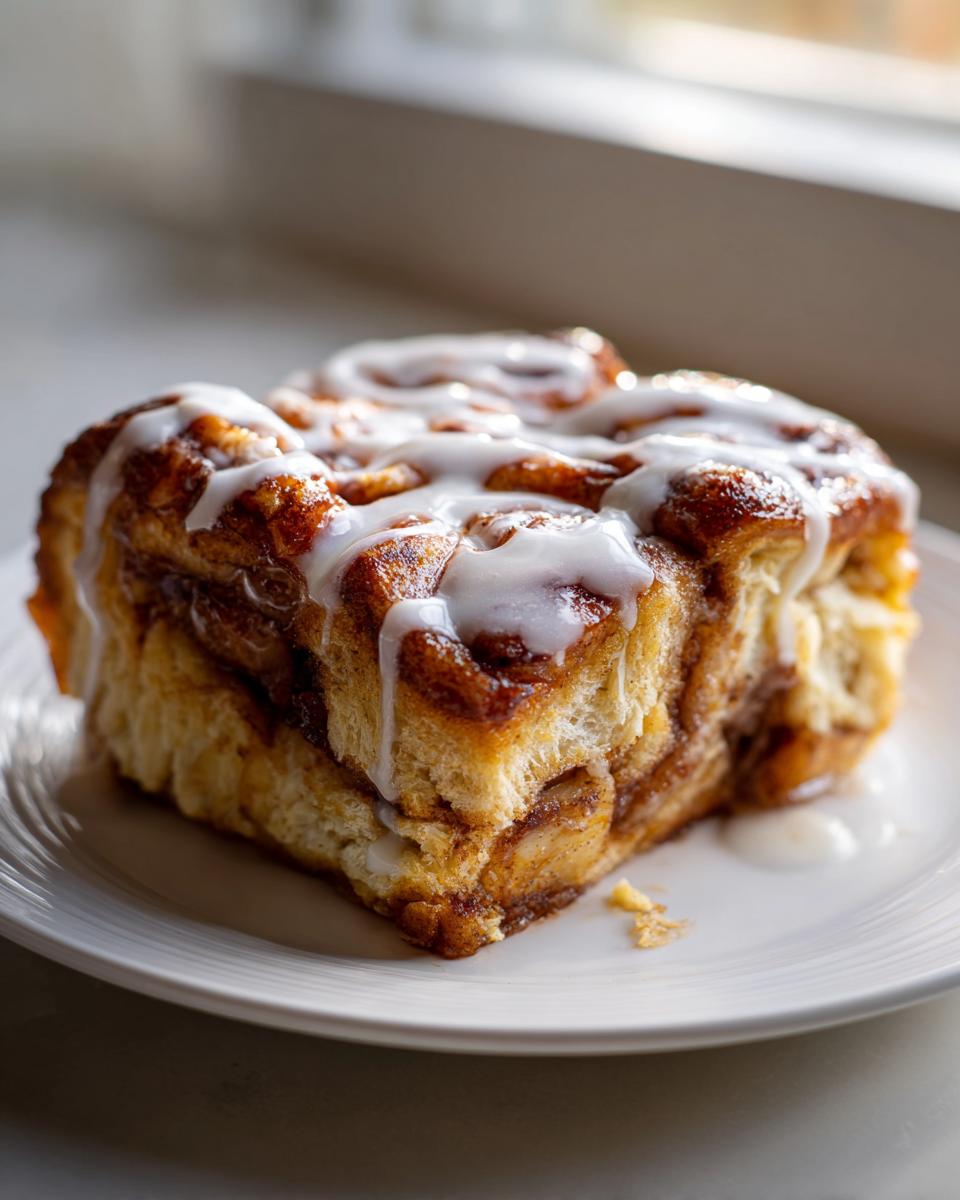 A gooey, square serving of cinnamon roll apple pie topped with thick white icing, sitting on a white plate.