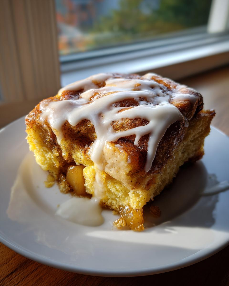 A single serving of cinnamon roll apple pie topped with thick white icing, sitting on a white plate.