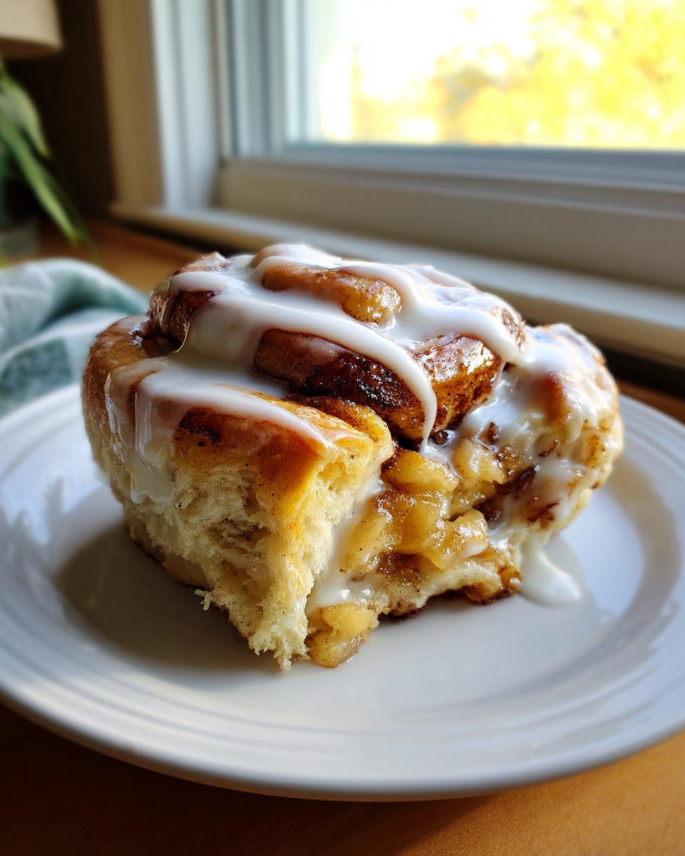 A close-up of a single serving of cinnamon roll apple pie, drizzled with white icing, showing the gooey apple filling.