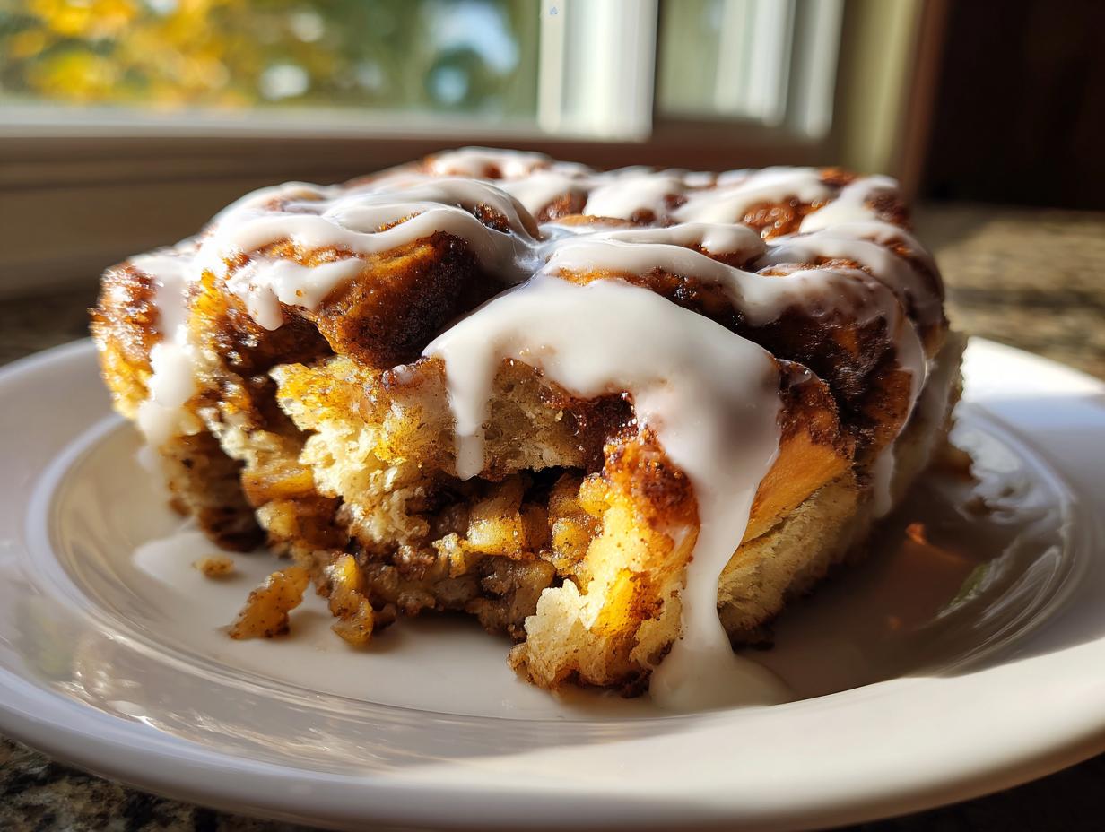 Close-up of a slice of cinnamon roll apple pie covered in thick white icing, sitting on a white plate.