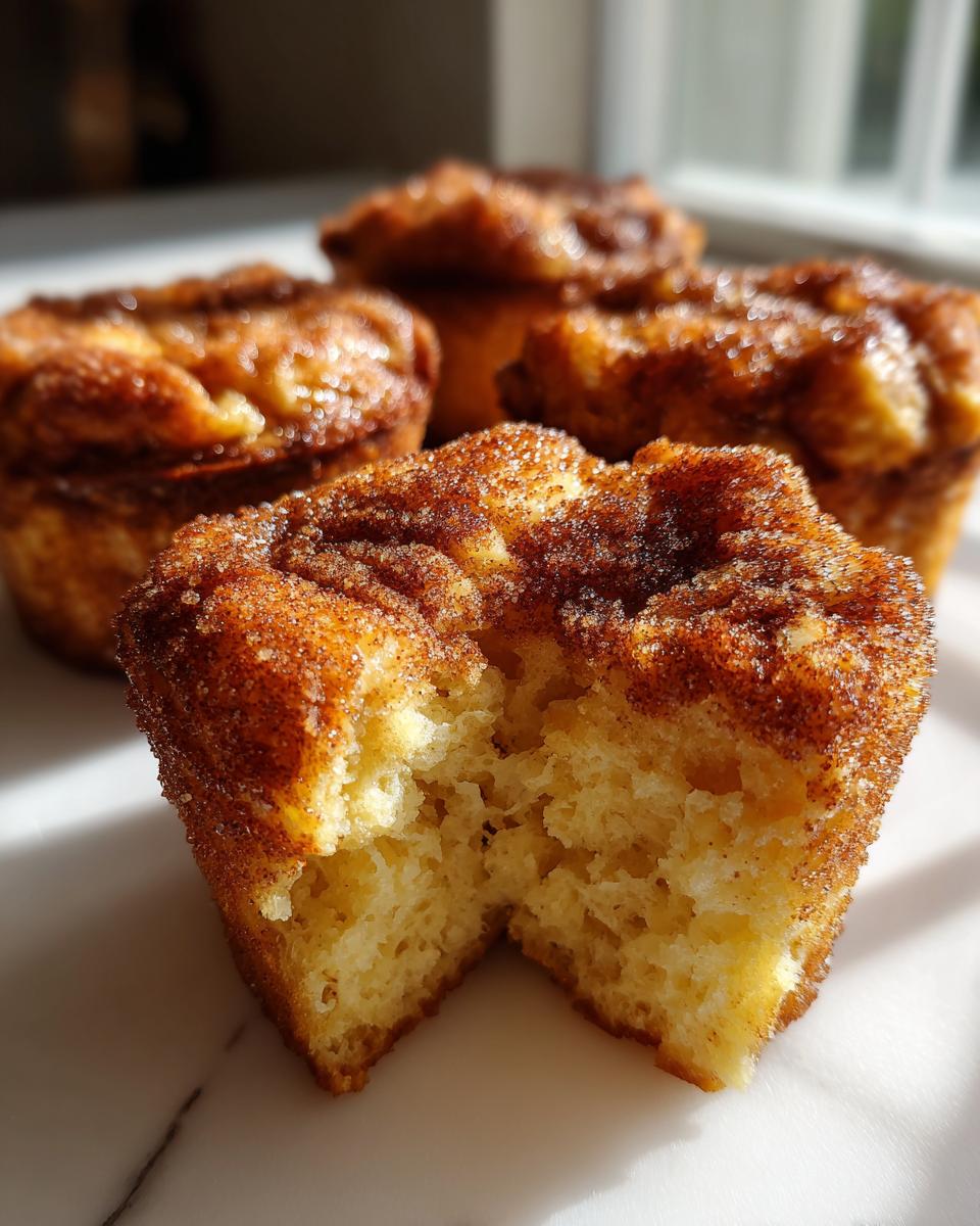 A close-up shot showing one of the french toast muffins broken in half, revealing a soft interior coated in cinnamon sugar.