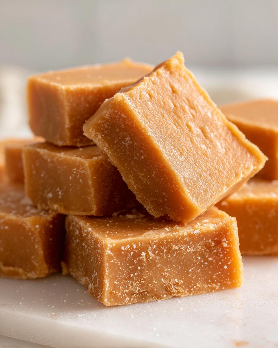 A close-up stack of rich, light brown penuche fudge squares resting on a white marble surface.