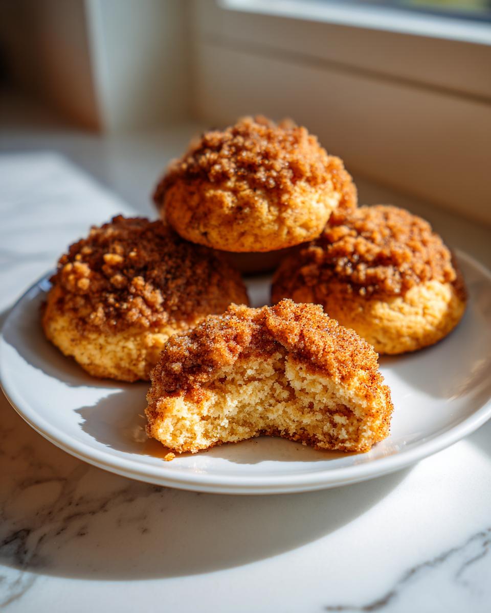 Four soft coffee cake cookies stacked on a white plate, one is bitten showing the fluffy interior and cinnamon crumb topping.