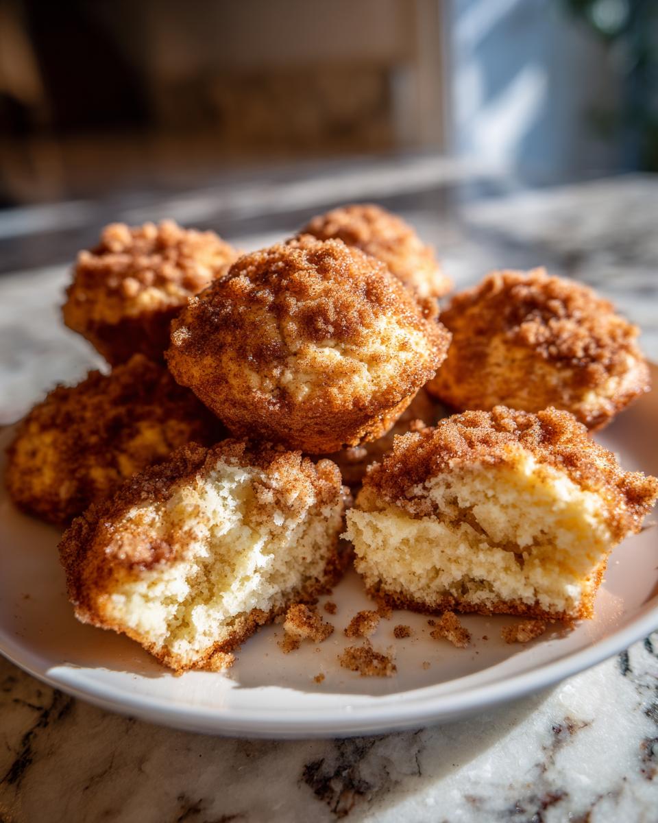 A plate of soft coffee cake cookies topped with cinnamon streusel, one cookie broken open to show the tender interior.
