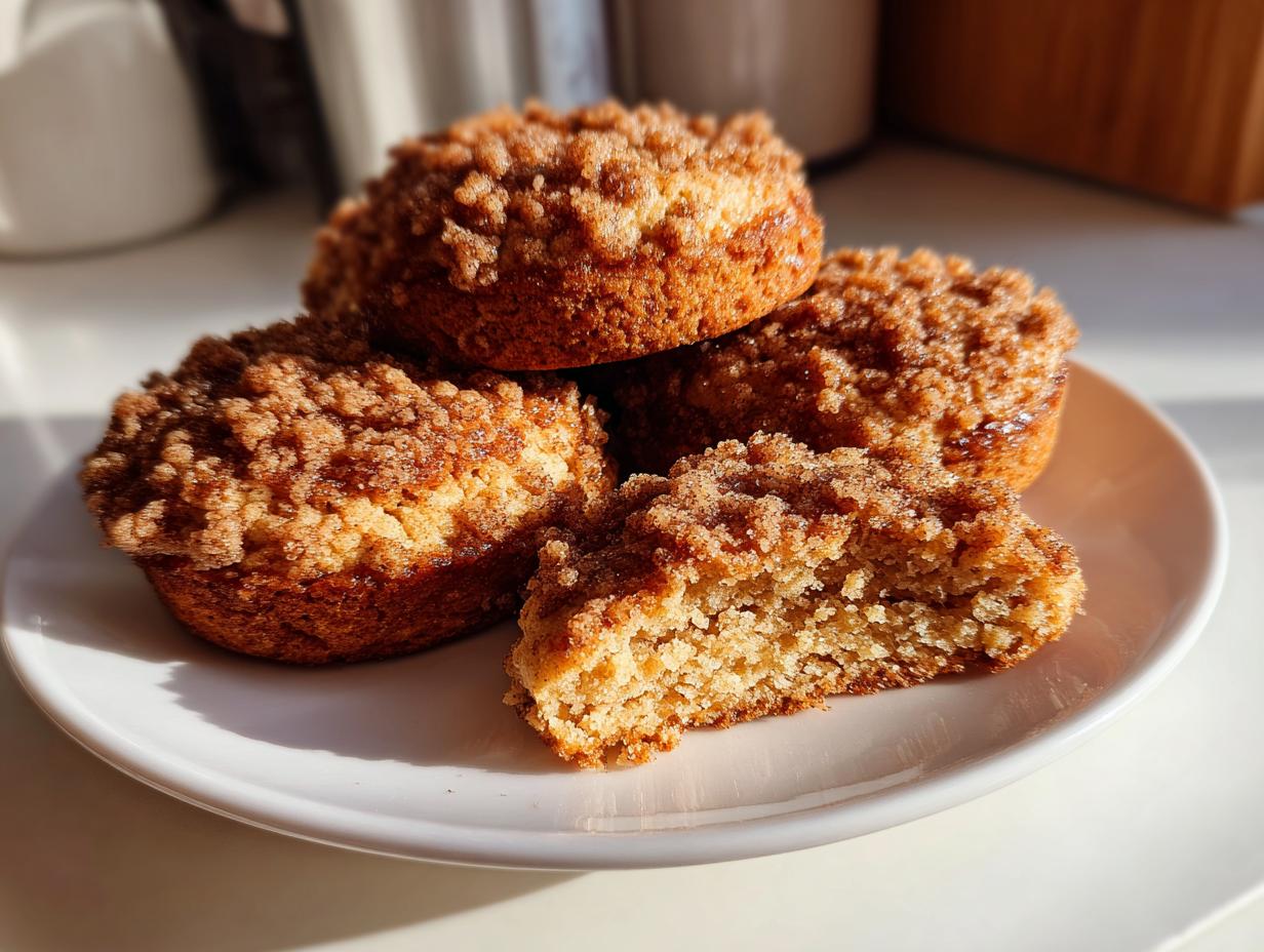 Three coffee cake cookies stacked on a white plate, one broken open to show the soft interior and crumb topping.
