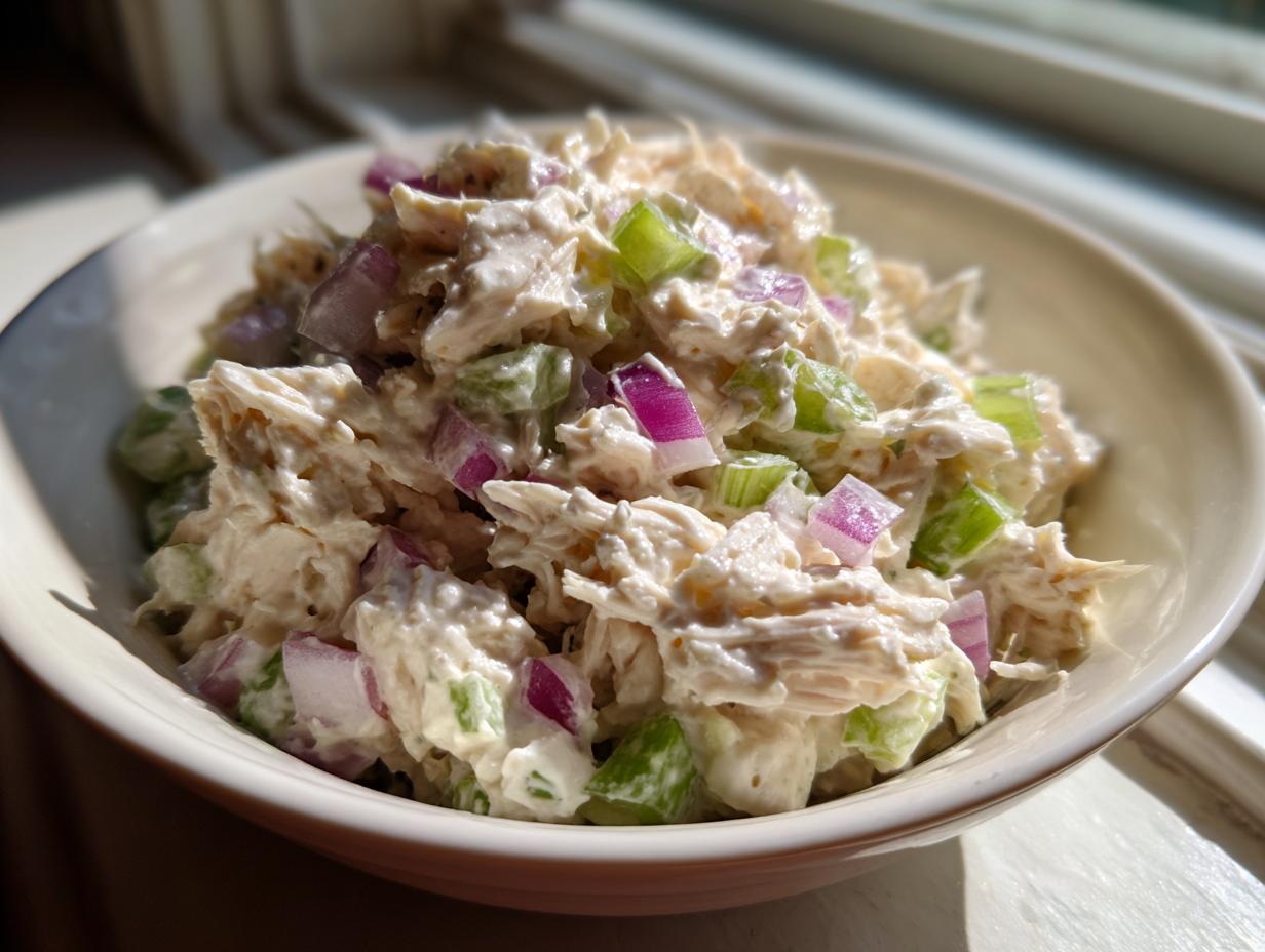 Close-up of creamy cottage cheese chicken salad mixed with diced celery and red onion in a small white bowl.