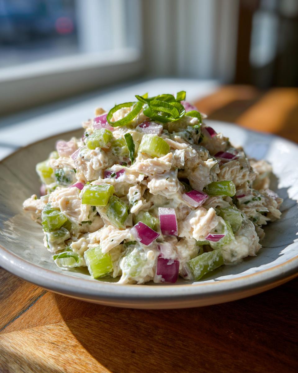 A mound of creamy cottage cheese chicken salad mixed with diced celery and red onion, garnished with scallions.
