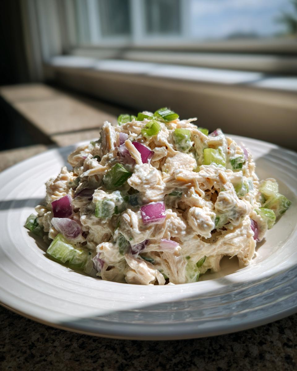 A mound of creamy cottage cheese chicken salad mixed with diced red onion and celery, garnished with green onion.