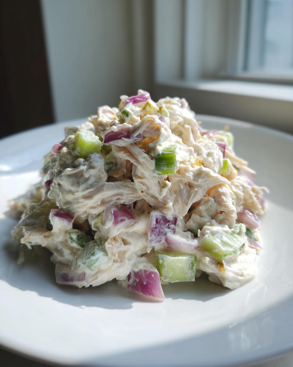 A mound of creamy cottage cheese chicken salad mixed with diced red onion and green celery on a white plate.