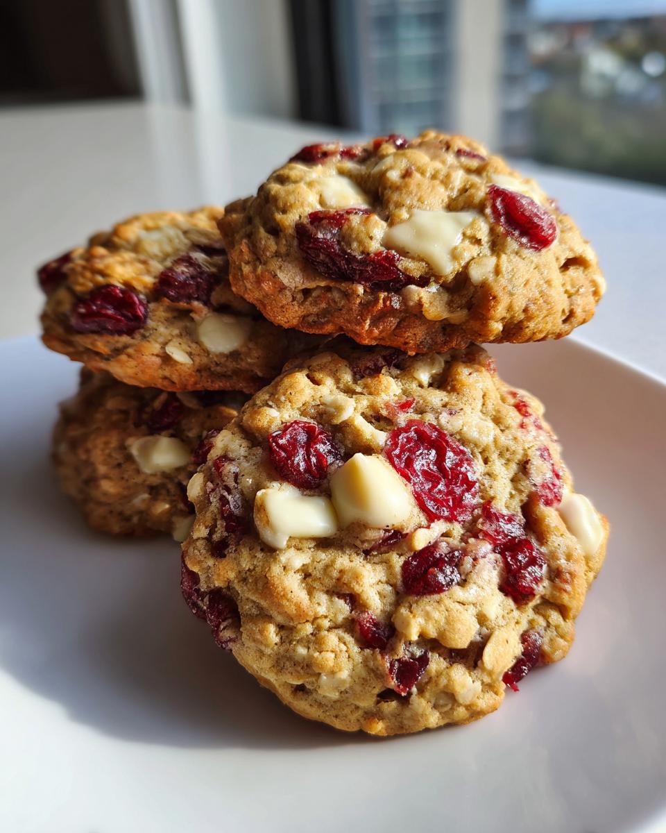 Close-up of a stack of delicious cranberry oatmeal cookies featuring visible dried cranberries and white chocolate chips.