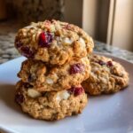 A stack of three thick, chewy cranberry oatmeal cookies featuring visible dried cranberries and white chocolate chips.