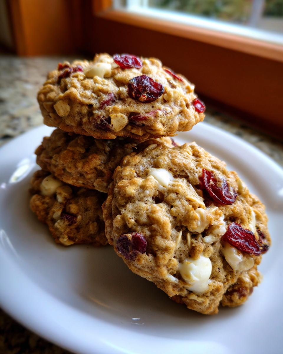 A stack of three chewy cranberry oatmeal cookies featuring visible oats, dried cranberries, and white chocolate chips.