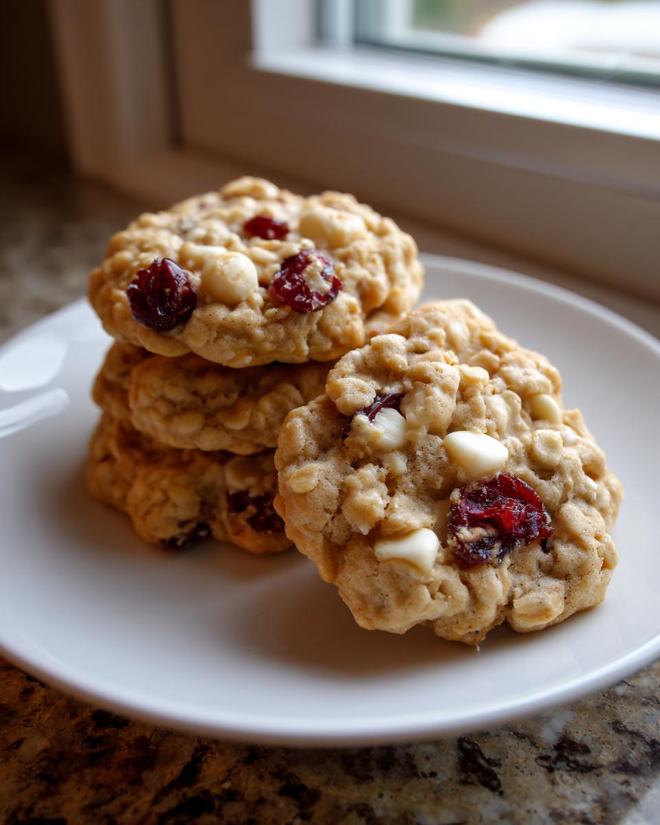 A stack of freshly baked cranberry oatmeal cookies featuring visible dried cranberries and white chocolate chips on a white plate.