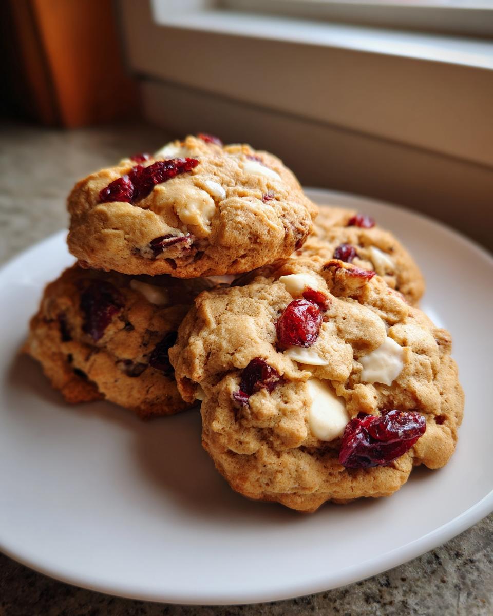 Close-up of three chewy cranberry oatmeal cookies with white chocolate chips stacked on a white plate.