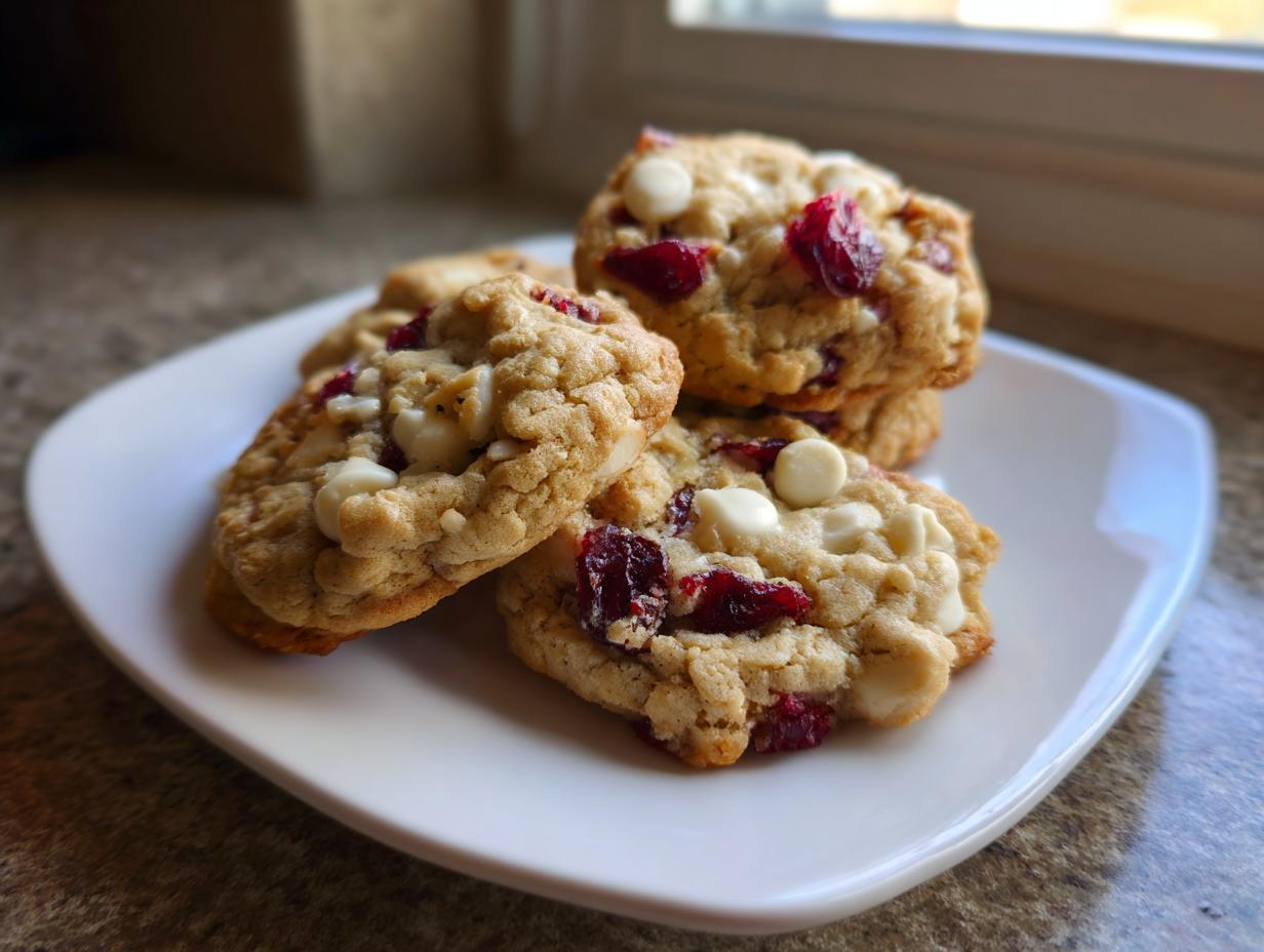 A stack of soft cranberry oatmeal cookies studded with white chocolate chips served on a white plate.