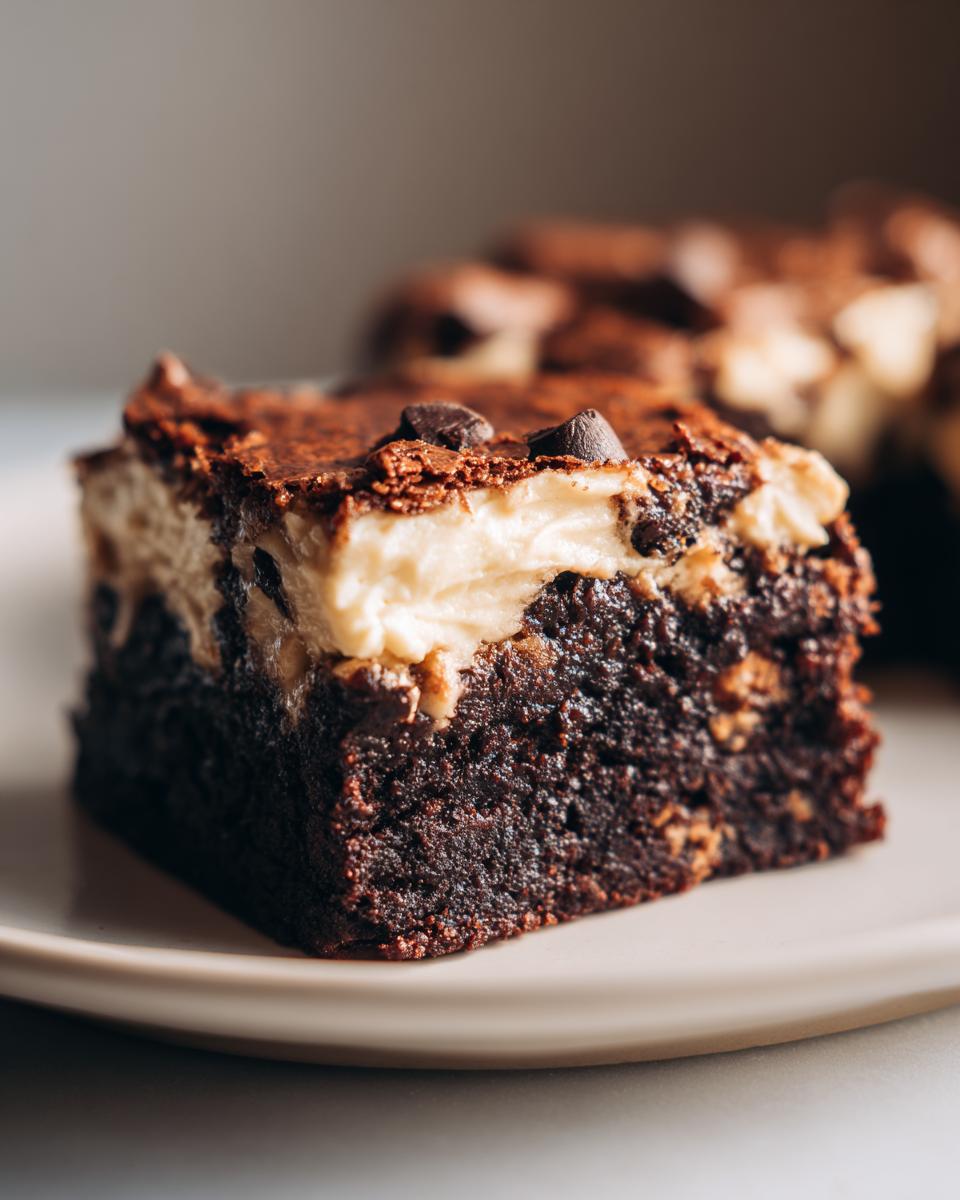 A rich, dark square of gingerbread brownies topped with a thick layer of cream cheese frosting and chocolate chips.