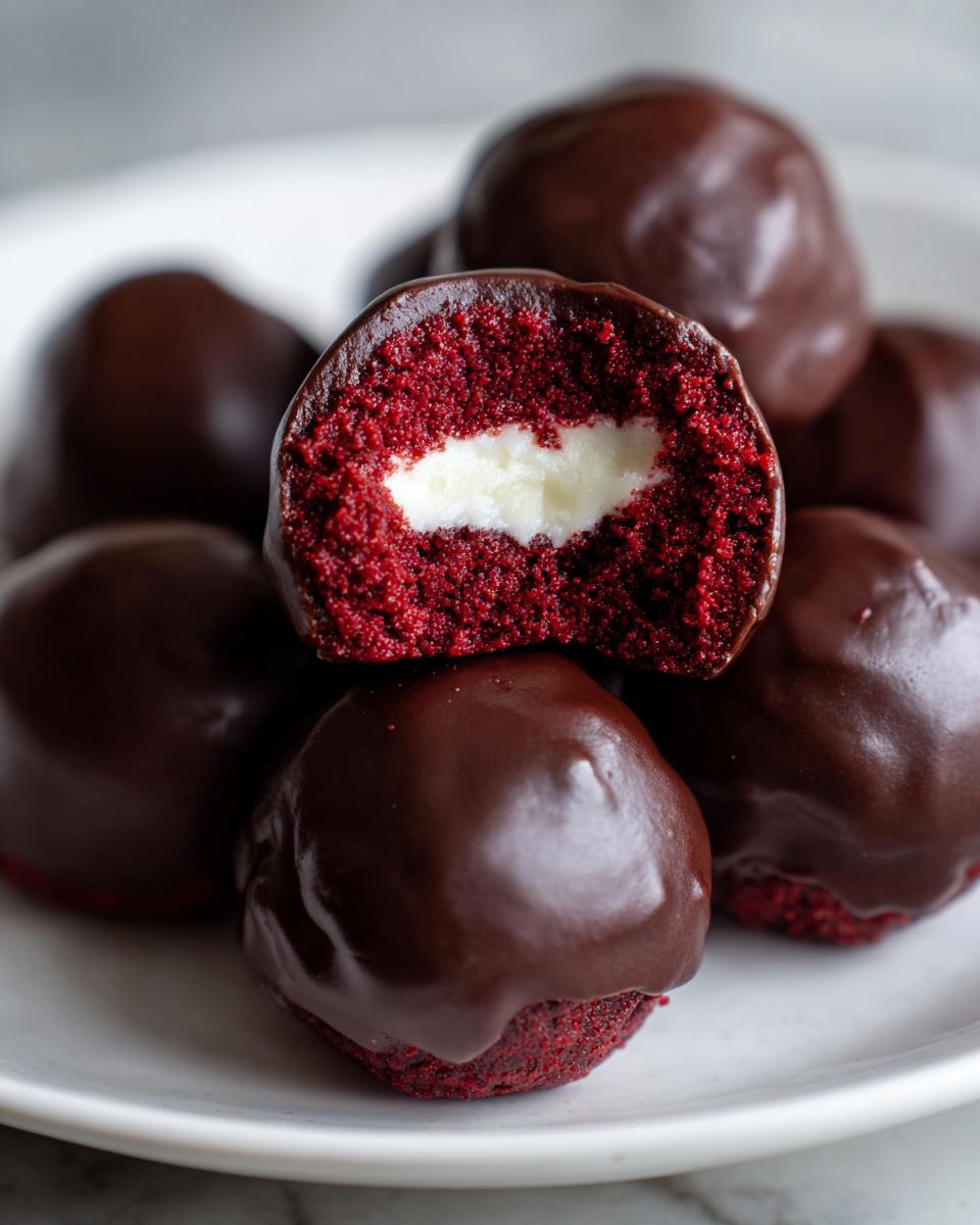 Close-up of chocolate-dipped red velvet cake balls, one cut open showing the bright red cake and cream cheese center.