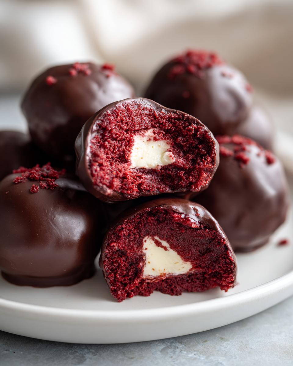 Close-up of red velvet cake balls, one cut in half revealing a cream cheese center, coated in dark chocolate.
