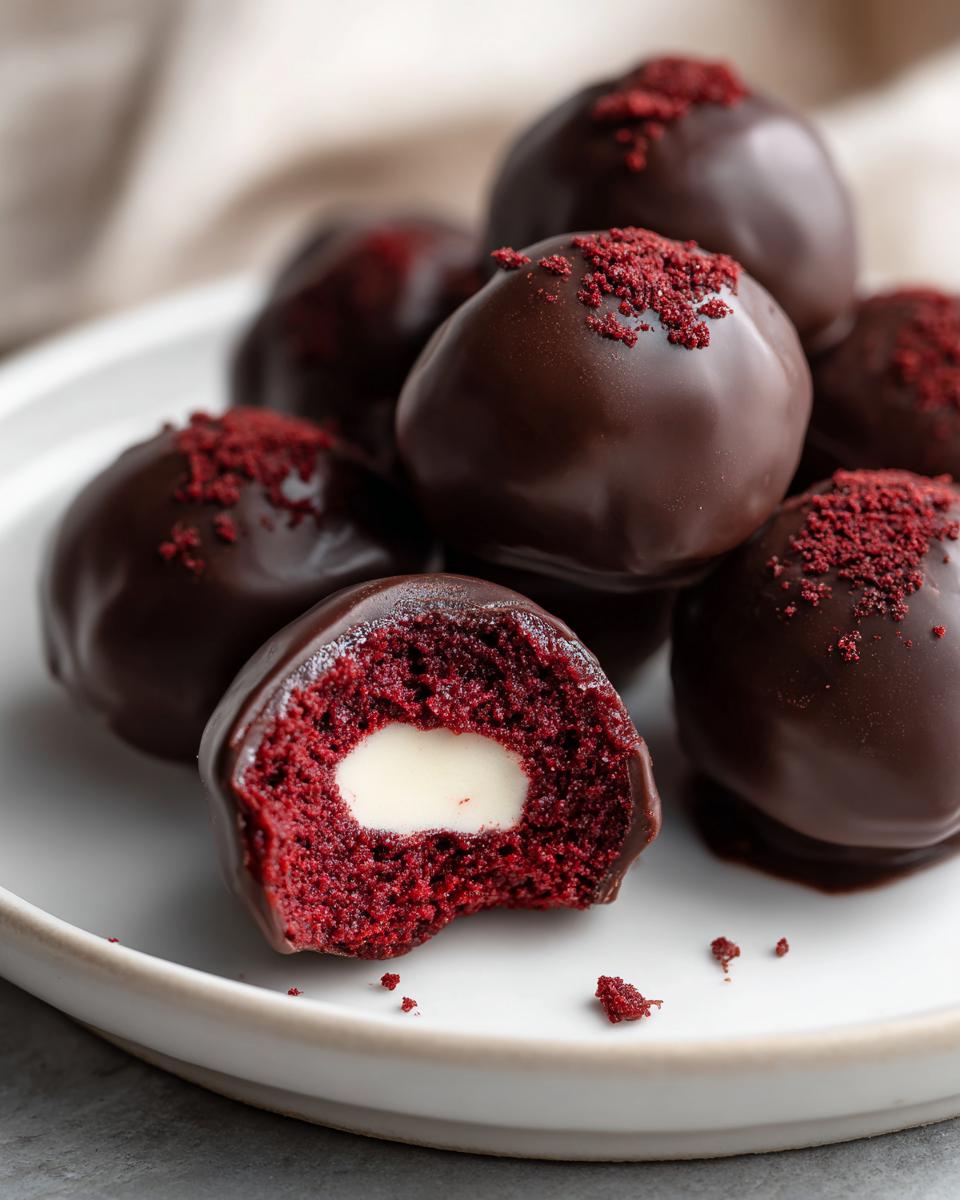 Close-up of rich red velvet cake balls dipped in chocolate, one is bitten revealing a white cream center.