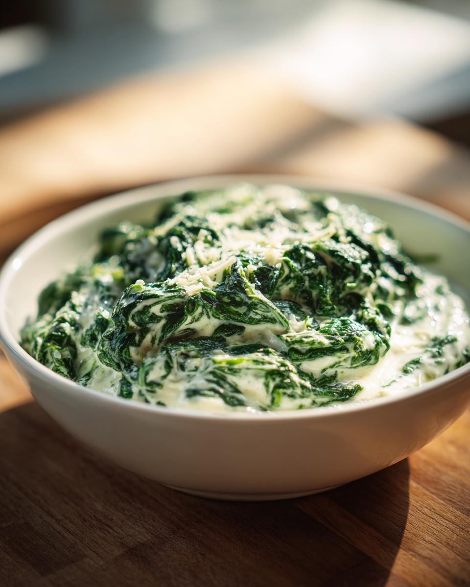 Close-up of rich, homemade creamed spinach recipe topped with grated cheese in a white serving bowl.