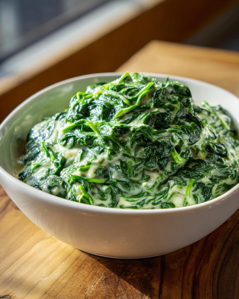 A close-up of rich, vibrant green creamed spinach recipe served in a white bowl on a wooden surface.