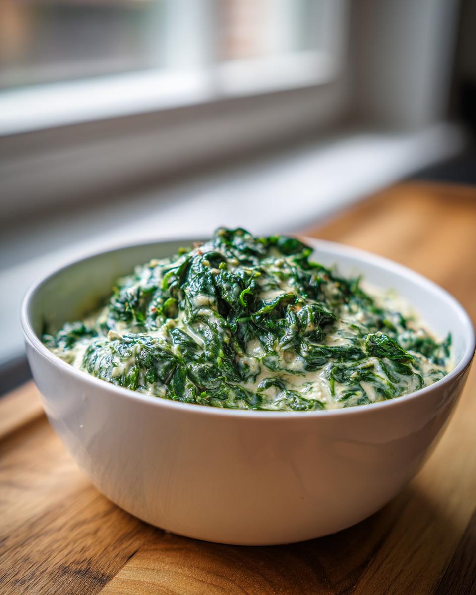 A close-up of rich, homemade creamed spinach recipe served in a white bowl on a wooden surface.