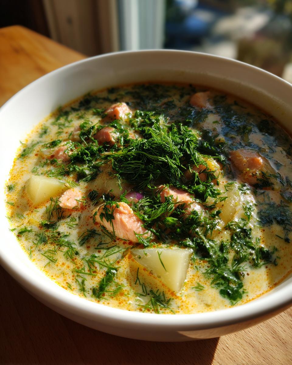 A close-up of a creamy bowl of salmon soup, featuring chunks of pink salmon, potatoes, and heavy dill garnish.