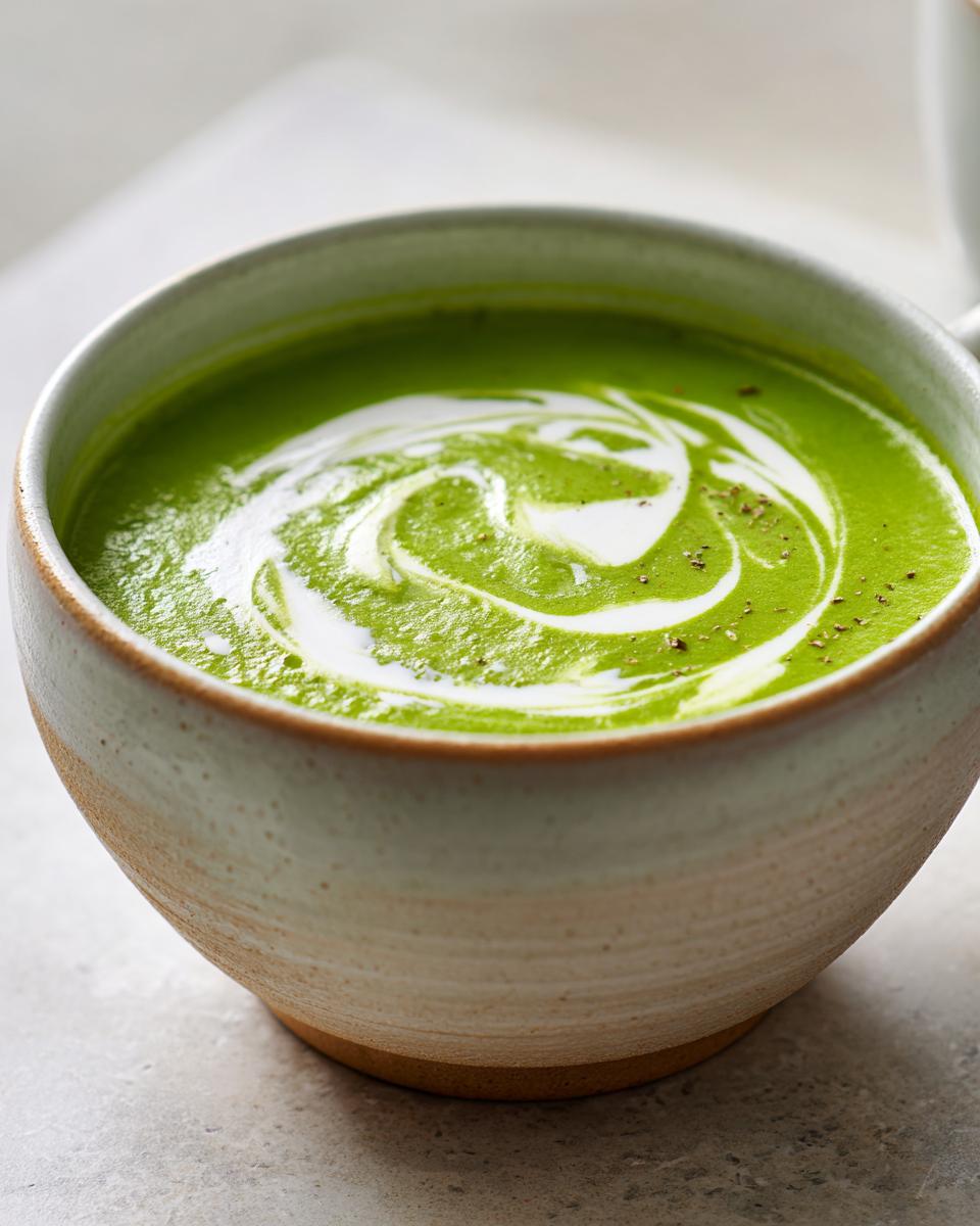 Close-up of vibrant green asparagus soup garnished with a swirl of cream and cracked black pepper.