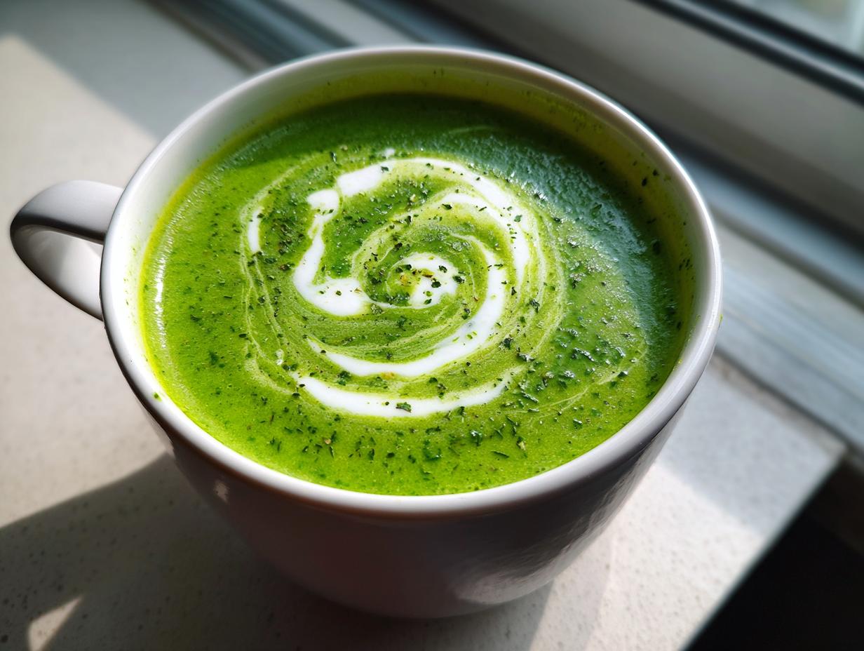 A vibrant green, creamy asparagus soup served in a white mug, garnished with a white cream swirl and sprinkled herbs.
