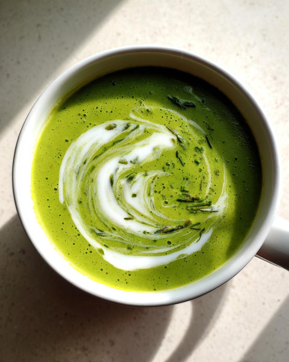 Overhead view of vibrant green asparagus soup topped with a swirl of cream and herbs in a white mug.
